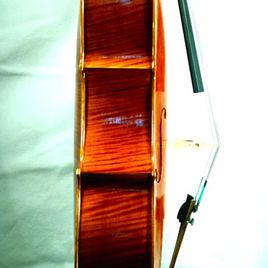 Seitliche Ansicht auf eines Cellos mit Steg und Saiten
